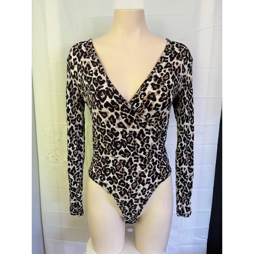 Leopard Print Long Sleeve Wrap Bodysuit Brown Black Size S